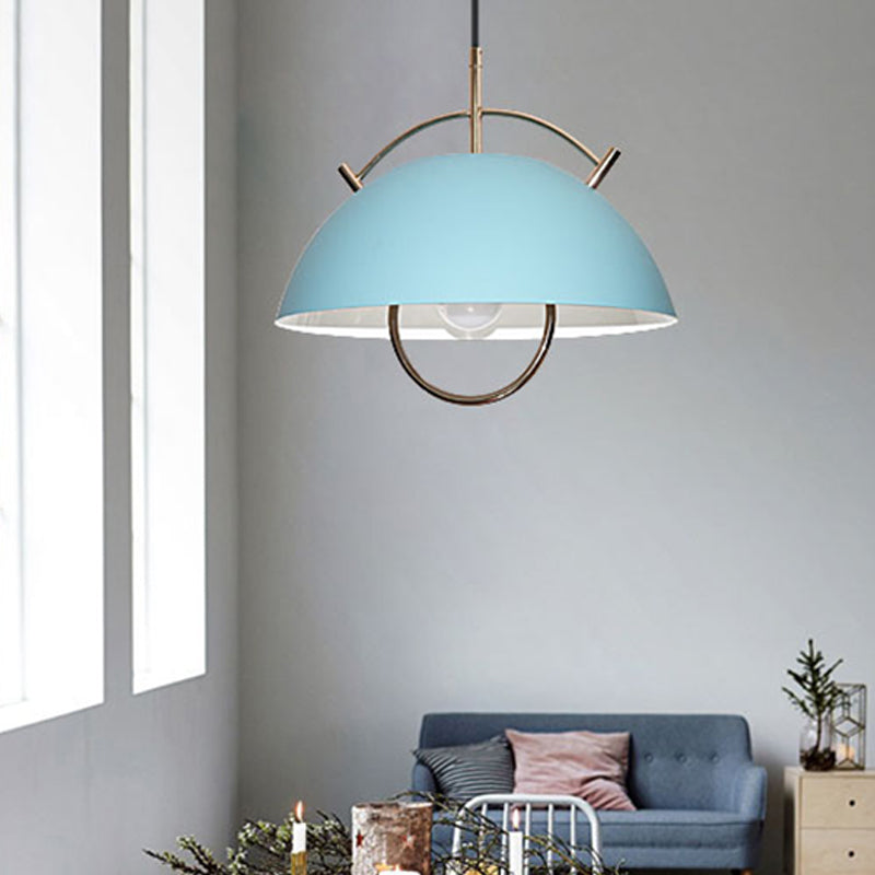 Metal Bowl Down Lighting Macaron 1 Head Blue/White/Khaki Hanging Ceiling Light with Handle Clearhalo 'Ceiling Lights' 'Modern Pendants' 'Modern' 'Pendant Lights' 'Pendants' Lighting' 313900