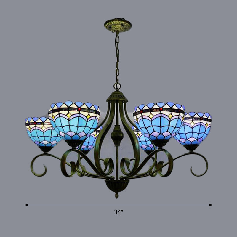 Domed Blue Stained Glass Ceiling Chandelier Mediterranean 3/6/8 Lights Bedroom Pendant Lamp in Black, 25.5"/34"/37.5" W Clearhalo 'Ceiling Lights' 'Chandeliers' 'Industrial' 'Middle Century Chandeliers' 'Tiffany Chandeliers' 'Tiffany close to ceiling' 'Tiffany' Lighting' 313976