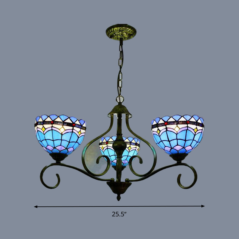 Domed Blue Stained Glass Ceiling Chandelier Mediterranean 3/6/8 Lights Bedroom Pendant Lamp in Black, 25.5"/34"/37.5" W Clearhalo 'Ceiling Lights' 'Chandeliers' 'Industrial' 'Middle Century Chandeliers' 'Tiffany Chandeliers' 'Tiffany close to ceiling' 'Tiffany' Lighting' 313980