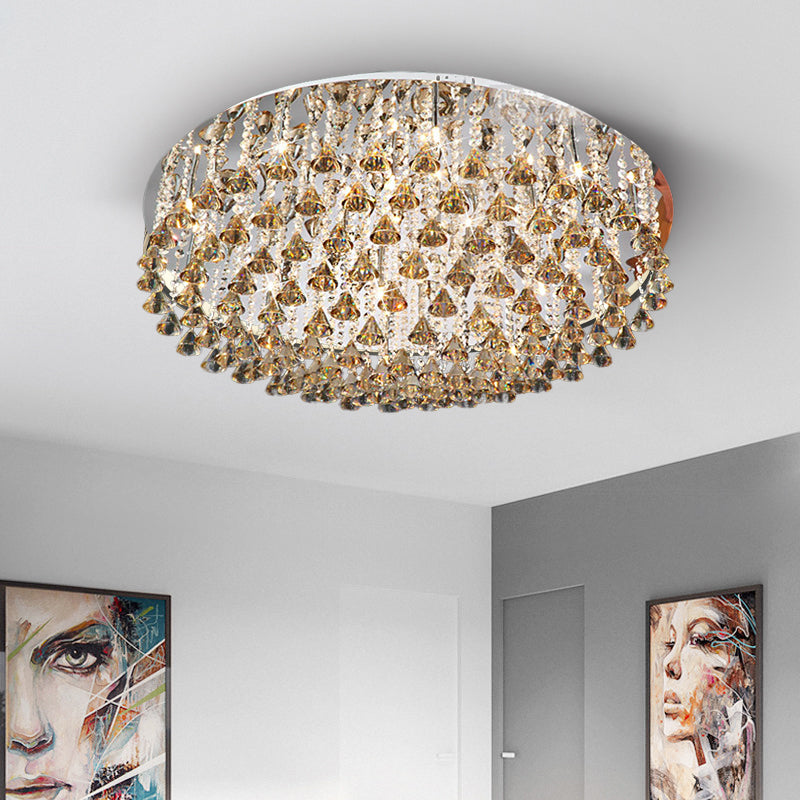 Drum Ceiling Lighting Modern Crystal Drop Nickel LED Flush Mount Light Fixture for Living Room Nickel Clearhalo 'Ceiling Lights' 'Close To Ceiling Lights' 'Close to ceiling' 'Flush mount' Lighting' 313981