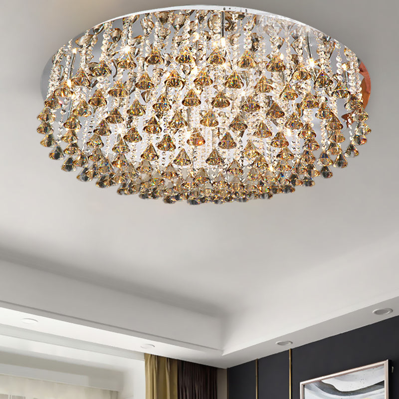 Drum Ceiling Lighting Modern Crystal Drop Nickel LED Flush Mount Light Fixture for Living Room Clearhalo 'Ceiling Lights' 'Close To Ceiling Lights' 'Close to ceiling' 'Flush mount' Lighting' 313982