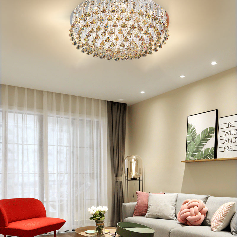 Drum Ceiling Lighting Modern Crystal Drop Nickel LED Flush Mount Light Fixture for Living Room Clearhalo 'Ceiling Lights' 'Close To Ceiling Lights' 'Close to ceiling' 'Flush mount' Lighting' 313983