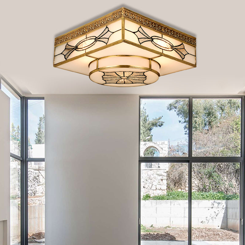 4 Lights Flush Mount Lighting Colonial Square Opal Glass Flush Light Fixture in Gold for Kitchen Gold Clearhalo 'Ceiling Lights' 'Close To Ceiling Lights' 'Close to ceiling' 'Flush mount' Lighting' 314003