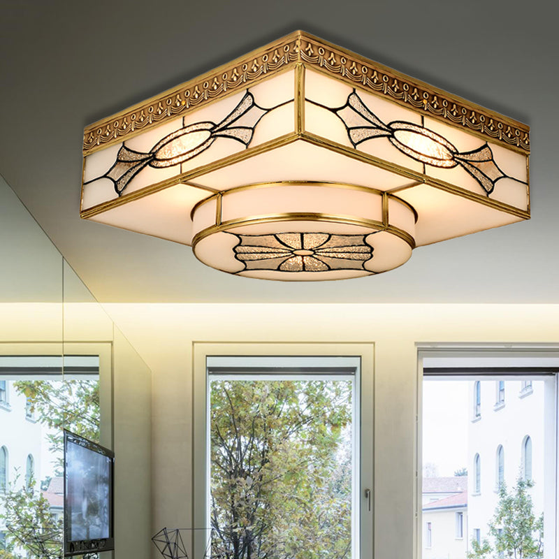 4 Lights Flush Mount Lighting Colonial Square Opal Glass Flush Light Fixture in Gold for Kitchen Clearhalo 'Ceiling Lights' 'Close To Ceiling Lights' 'Close to ceiling' 'Flush mount' Lighting' 314004