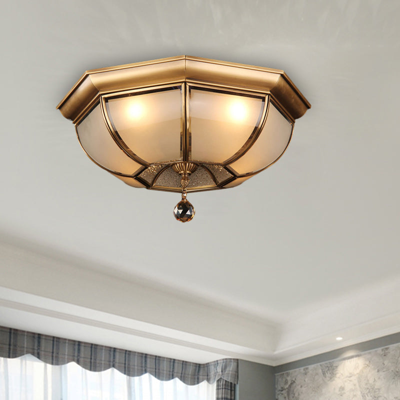 Dome Ceiling Mounted Fixture Postmodern Frosted Glass 3/4 Heads Living Room Flush Mount Lighting in Brass with Crystal Drop Brass Clearhalo 'Ceiling Lights' 'Close To Ceiling Lights' 'Close to ceiling' 'Flush mount' Lighting' 314283