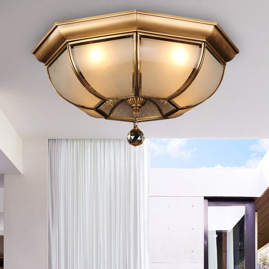 Dome Ceiling Mounted Fixture Postmodern Frosted Glass 3/4 Heads Living Room Flush Mount Lighting in Brass with Crystal Drop Clearhalo 'Ceiling Lights' 'Close To Ceiling Lights' 'Close to ceiling' 'Flush mount' Lighting' 314284