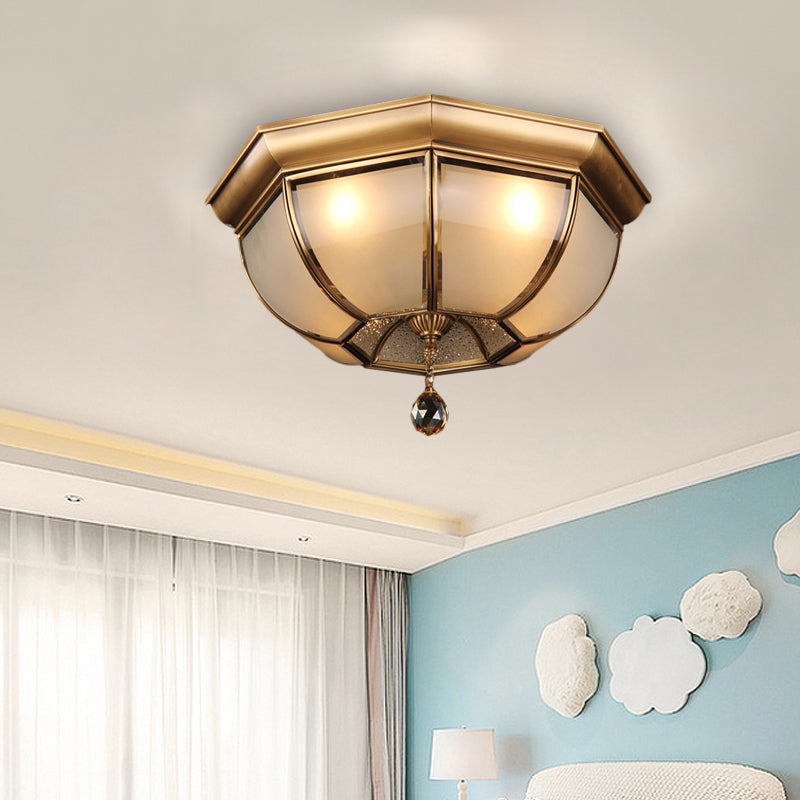 Dome Ceiling Mounted Fixture Postmodern Frosted Glass 3/4 Heads Living Room Flush Mount Lighting in Brass with Crystal Drop Clearhalo 'Ceiling Lights' 'Close To Ceiling Lights' 'Close to ceiling' 'Flush mount' Lighting' 314285