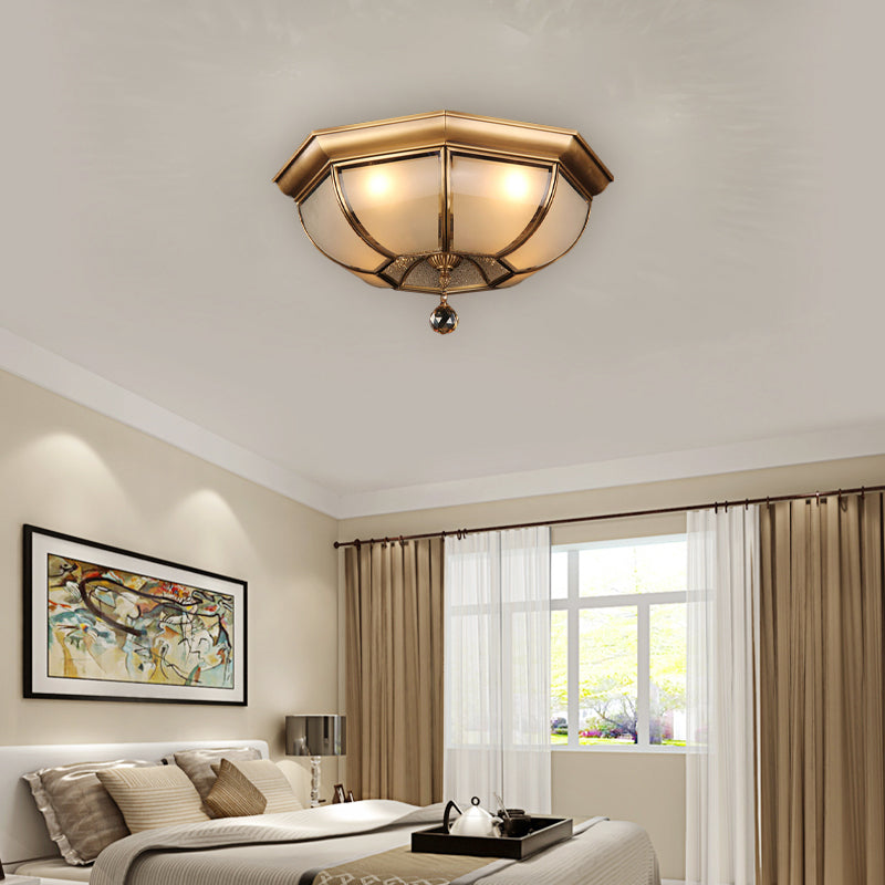 Dome Ceiling Mounted Fixture Postmodern Frosted Glass 3/4 Heads Living Room Flush Mount Lighting in Brass with Crystal Drop Clearhalo 'Ceiling Lights' 'Close To Ceiling Lights' 'Close to ceiling' 'Flush mount' Lighting' 314286