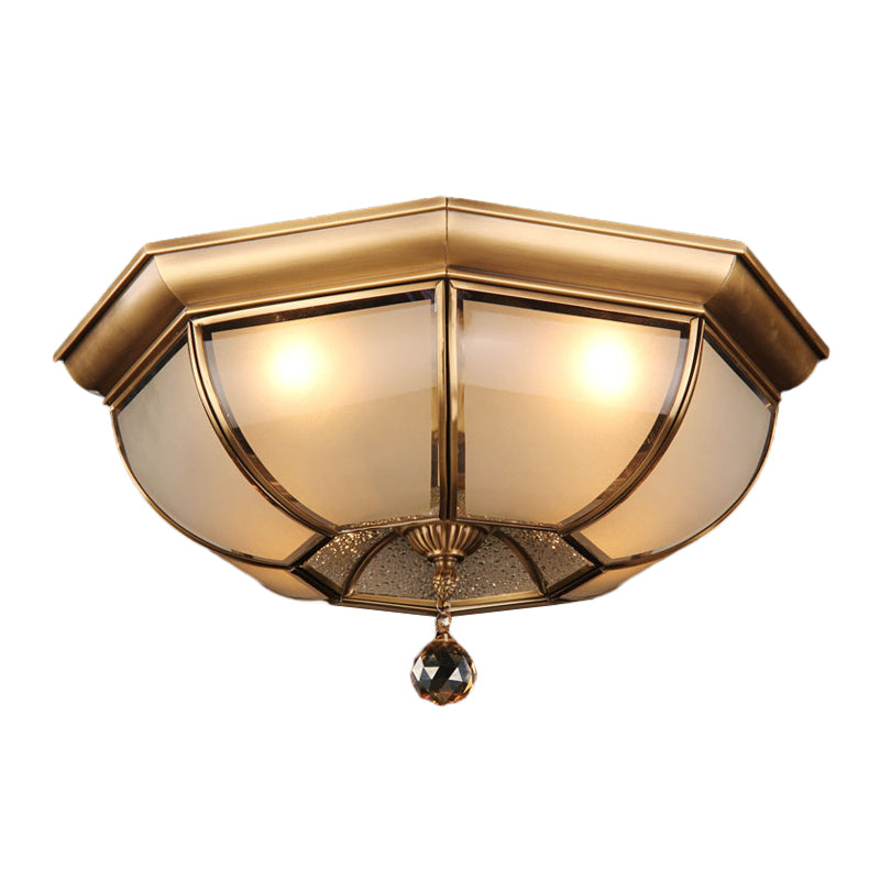 Dome Ceiling Mounted Fixture Postmodern Frosted Glass 3/4 Heads Living Room Flush Mount Lighting in Brass with Crystal Drop Clearhalo 'Ceiling Lights' 'Close To Ceiling Lights' 'Close to ceiling' 'Flush mount' Lighting' 314287