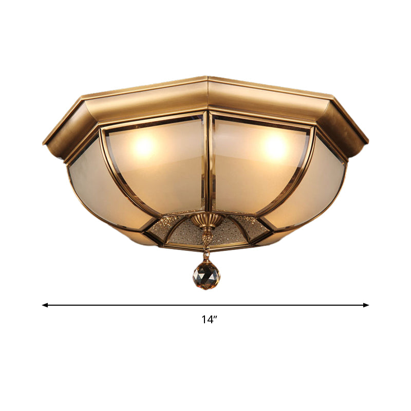 Dome Ceiling Mounted Fixture Postmodern Frosted Glass 3/4 Heads Living Room Flush Mount Lighting in Brass with Crystal Drop Clearhalo 'Ceiling Lights' 'Close To Ceiling Lights' 'Close to ceiling' 'Flush mount' Lighting' 314288