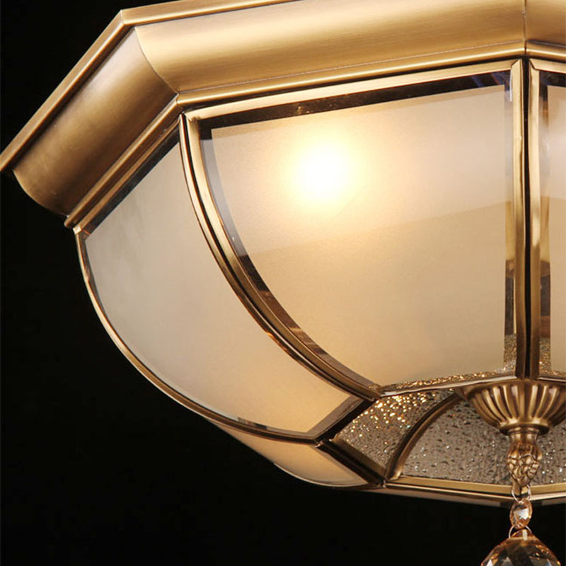 Dome Ceiling Mounted Fixture Postmodern Frosted Glass 3/4 Heads Living Room Flush Mount Lighting in Brass with Crystal Drop Clearhalo 'Ceiling Lights' 'Close To Ceiling Lights' 'Close to ceiling' 'Flush mount' Lighting' 314290