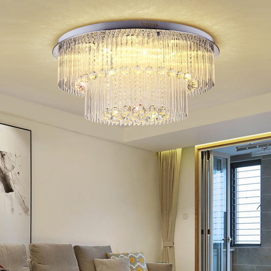 2 Tiers Crystal Rod Ceiling Lamp Modernism Nickel LED Flush Light Fixture for Living Room Nickel Clearhalo 'Ceiling Lights' 'Close To Ceiling Lights' 'Close to ceiling' 'Flush mount' Lighting' 314291