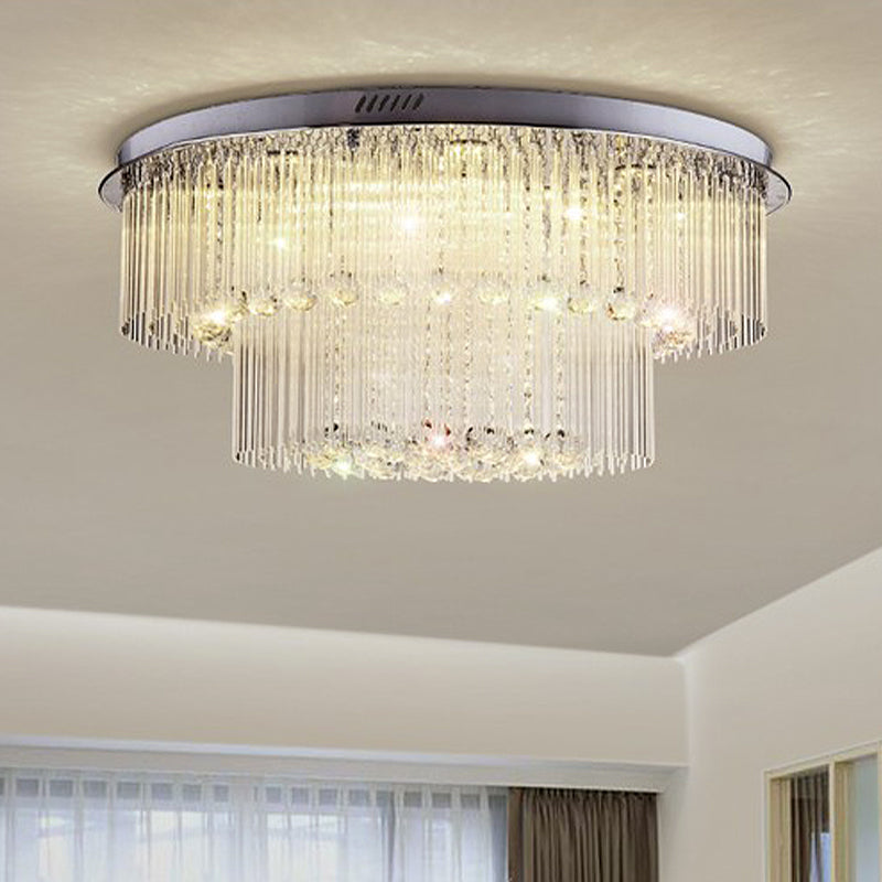 2 Tiers Crystal Rod Ceiling Lamp Modernism Nickel LED Flush Light Fixture for Living Room Clearhalo 'Ceiling Lights' 'Close To Ceiling Lights' 'Close to ceiling' 'Flush mount' Lighting' 314292