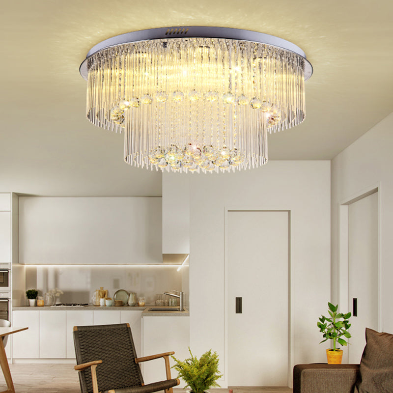 2 Tiers Crystal Rod Ceiling Lamp Modernism Nickel LED Flush Light Fixture for Living Room Clearhalo 'Ceiling Lights' 'Close To Ceiling Lights' 'Close to ceiling' 'Flush mount' Lighting' 314293