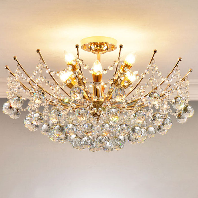 Cascade Ceiling Light Fixture Postmodern Crystal Ball 4 Lights Chrome/Clear/Cognac Semi Flush Mount Light Clearhalo 'Ceiling Lights' 'Close To Ceiling Lights' 'Close to ceiling' 'Semi-flushmount' Lighting' 314320