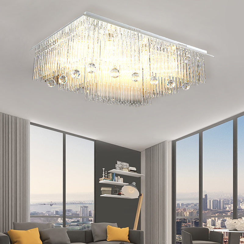 Rectangle Ceiling Light Modern Crystal Rod 16 Heads Nickel Flush Mount Light for Bedroom Nickel Clearhalo 'Ceiling Lights' 'Close To Ceiling Lights' 'Close to ceiling' 'Flush mount' Lighting' 314387