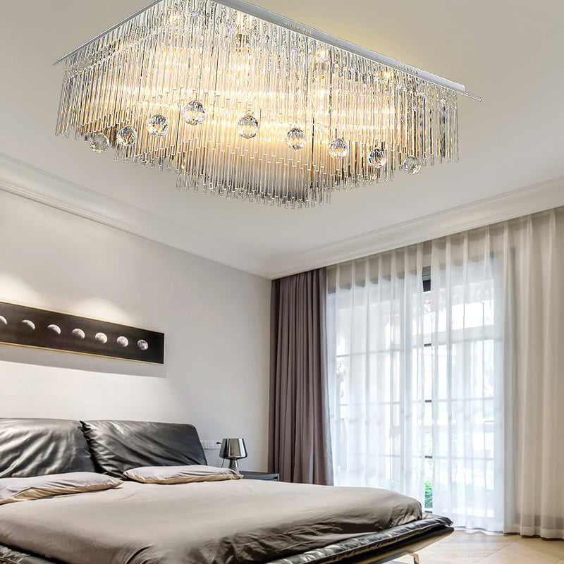 Rectangle Ceiling Light Modern Crystal Rod 16 Heads Nickel Flush Mount Light for Bedroom Clearhalo 'Ceiling Lights' 'Close To Ceiling Lights' 'Close to ceiling' 'Flush mount' Lighting' 314389