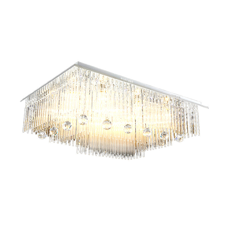 Rectangle Ceiling Light Modern Crystal Rod 16 Heads Nickel Flush Mount Light for Bedroom Clearhalo 'Ceiling Lights' 'Close To Ceiling Lights' 'Close to ceiling' 'Flush mount' Lighting' 314390