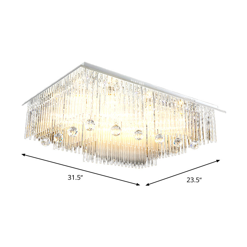 Rectangle Ceiling Light Modern Crystal Rod 16 Heads Nickel Flush Mount Light for Bedroom Clearhalo 'Ceiling Lights' 'Close To Ceiling Lights' 'Close to ceiling' 'Flush mount' Lighting' 314391