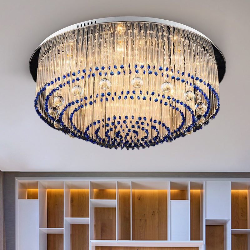 Round Crystal Rod Flush Mount Lamp Contemporary 6/9/14 Lights Nickel Ceiling Light Fixture Clearhalo 'Ceiling Lights' 'Close To Ceiling Lights' 'Close to ceiling' 'Flush mount' Lighting' 314392