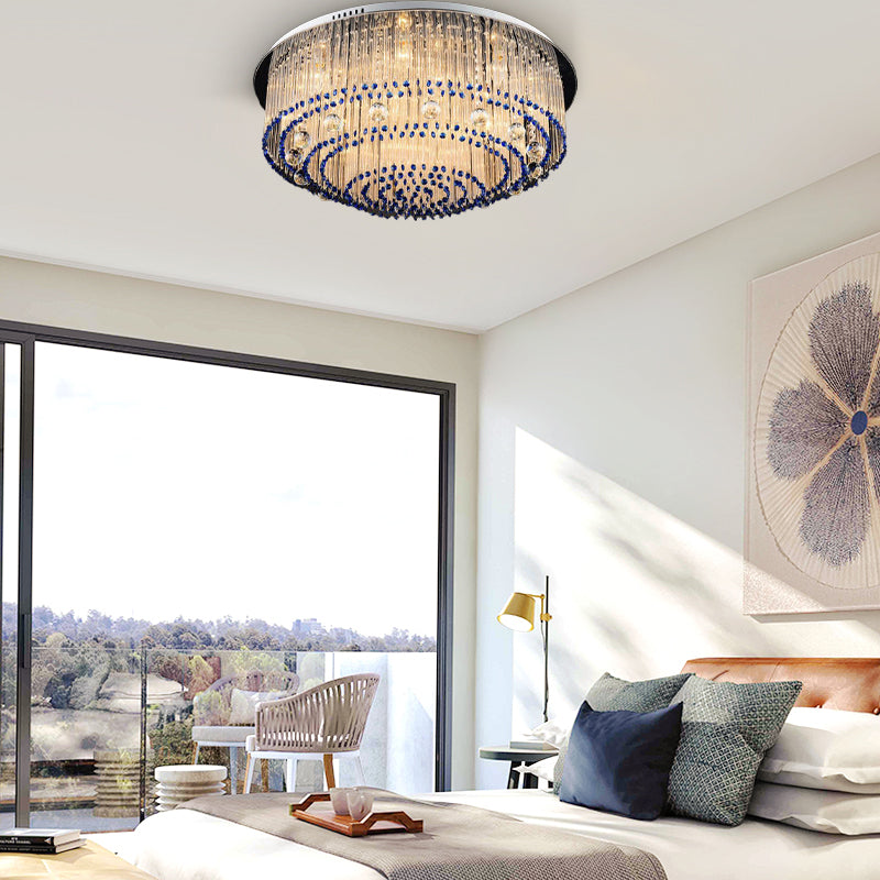 Round Crystal Rod Flush Mount Lamp Contemporary 6/9/14 Lights Nickel Ceiling Light Fixture Clearhalo 'Ceiling Lights' 'Close To Ceiling Lights' 'Close to ceiling' 'Flush mount' Lighting' 314394