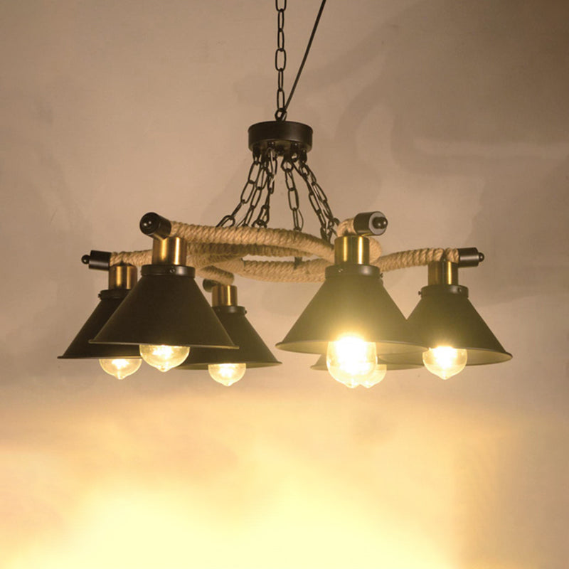 Metal Cone Chandelier Industrial Style 3/6 Lights Living Room Pendant Light in Black 6 Black Clearhalo 'Cast Iron' 'Ceiling Lights' 'Chandeliers' 'Industrial Chandeliers' 'Industrial' 'Metal' 'Middle Century Chandeliers' 'Rustic Chandeliers' 'Tiffany' Lighting' 314470