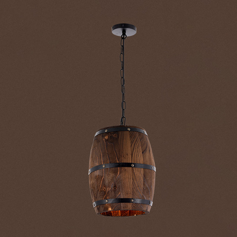 Farmhouse Barrel Pendant Lamp 10"/12" Wide 1 Light Wood Hanging Light Fixture in Brown Clearhalo 'Art Deco Pendants' 'Cast Iron' 'Ceiling Lights' 'Ceramic' 'Crystal' 'Industrial Pendants' 'Industrial' 'Metal' 'Middle Century Pendants' 'Pendant Lights' 'Pendants' 'Tiffany' Lighting' 314511