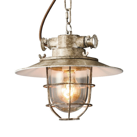 White/Blue 1 Light Pendant Lamp Industrial Metal Wide Flare Hanging Light with Cage White Clearhalo 'Art Deco Pendants' 'Cast Iron' 'Ceiling Lights' 'Ceramic' 'Crystal' 'Industrial Pendants' 'Industrial' 'Metal' 'Middle Century Pendants' 'Pendant Lights' 'Pendants' 'Tiffany' Lighting' 315027