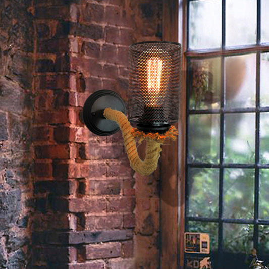 Black Cylinder Wall Lighting Fixture Vintage Metal 1 Light Dining Room Sconce with Rope Arm Black Clearhalo 'Art deco wall lights' 'Cast Iron' 'Glass' 'Industrial wall lights' 'Industrial' 'Middle century wall lights' 'Modern' 'Rustic wall lights' 'Tiffany' 'Traditional wall lights' 'Wall Lamps & Sconces' 'Wall Lights' Lighting' 315111