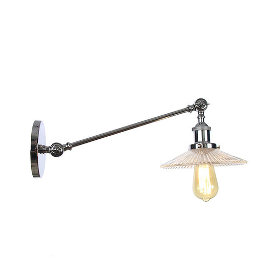 Clear Ribbed Glass Bronze/Brass/Copper Wall Mounted Lamp Saucer 1 Light Vintage Lighting Fixture, 8"/12" L Arm Clearhalo 'Art deco wall lights' 'Cast Iron' 'Glass' 'Industrial wall lights' 'Industrial' 'Middle century wall lights' 'Modern' 'Rustic wall lights' 'Tiffany' 'Traditional wall lights' 'Wall Lamps & Sconces' 'Wall Lights' Lighting' 315254
