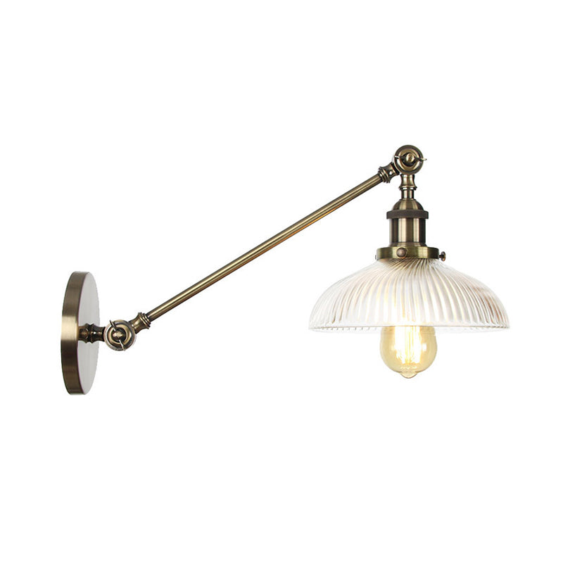 Black/Bronze/Brass 1 Light Wall Mounted Light Vintage Clear Ribbed Glass Domed Sconce, 8"/12" L Arm Clearhalo 'Wall Lamps & Sconces' 'Wall Lights' Lighting' 315265