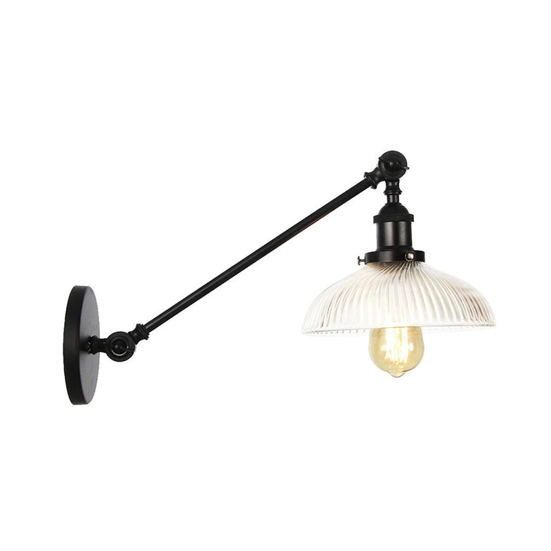 Black/Bronze/Brass 1 Light Wall Mounted Light Vintage Clear Ribbed Glass Domed Sconce, 8"/12" L Arm Clearhalo 'Wall Lamps & Sconces' 'Wall Lights' Lighting' 315266