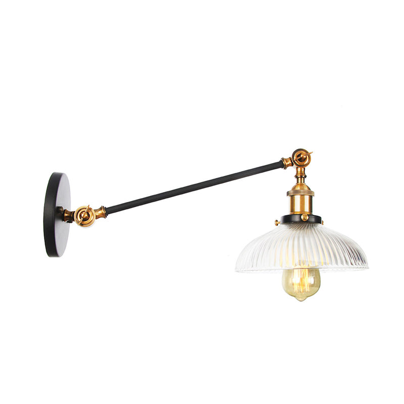 Black/Bronze/Brass 1 Light Wall Mounted Light Vintage Clear Ribbed Glass Domed Sconce, 8"/12" L Arm Clearhalo 'Wall Lamps & Sconces' 'Wall Lights' Lighting' 315268