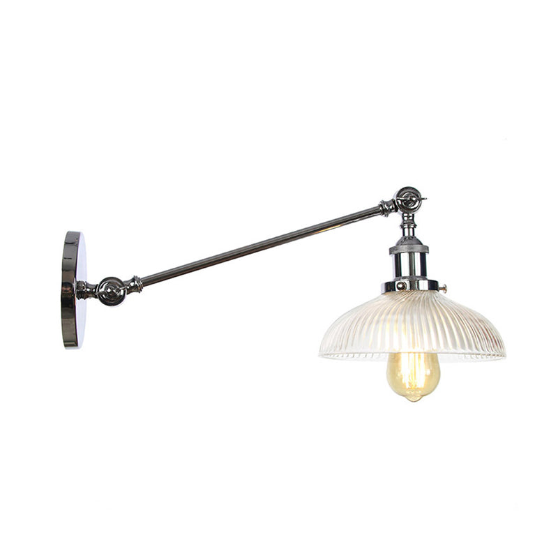 Black/Bronze/Brass 1 Light Wall Mounted Light Vintage Clear Ribbed Glass Domed Sconce, 8"/12" L Arm Clearhalo 'Wall Lamps & Sconces' 'Wall Lights' Lighting' 315269