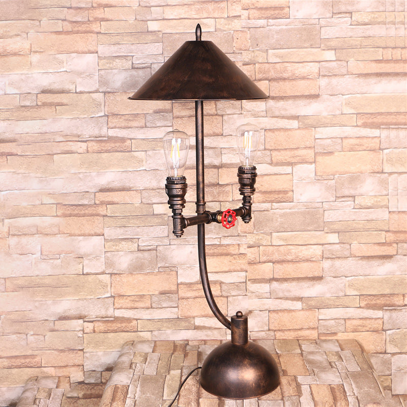 2 Lights Cone Table Light Industrial Style Antique Bronze Metal Desk Lamp with Pipe Design Antique Bronze Clearhalo 'Lamps' 'Table Lamps' Lighting' 315376