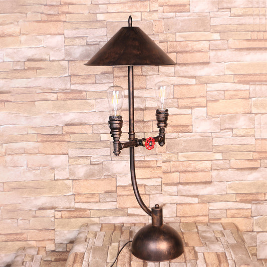 2 Lights Cone Table Light Industrial Style Antique Bronze Metal Desk Lamp with Pipe Design Antique Bronze Clearhalo 'Lamps' 'Table Lamps' Lighting' 315376