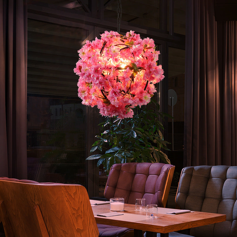 1 Light Pendant Lighting Fixture Vintage Globe Metal Hanging Lamp in Pink with Flower Decoration Clearhalo 'Art Deco Pendants' 'Cast Iron' 'Ceiling Lights' 'Ceramic' 'Crystal' 'Industrial Pendants' 'Industrial' 'Metal' 'Middle Century Pendants' 'Pendant Lights' 'Pendants' 'Tiffany' Lighting' 315381