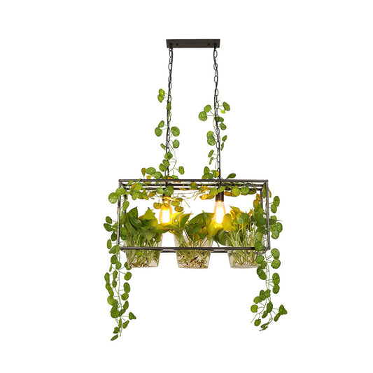 Rustic Rectangle Island Pendant 3 Lights Metal Billiard Lamp in Black for Restaurant with Green Leaves Deco Clearhalo 'Ceiling Lights' 'Island Lights' Lighting' 315386