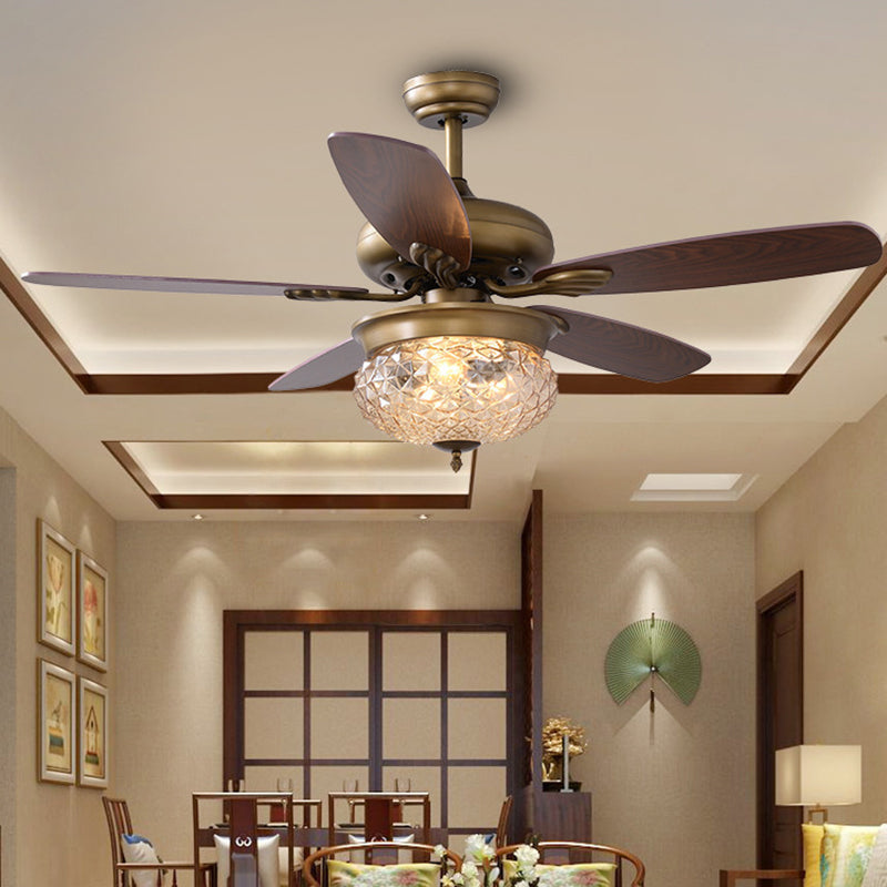 48"/52" W Antique Brass 3 Lights Ceiling Fan Lamp Classic Style Prismatic Glass Domed Semi Flush Mount Lighting Antique Brass Clearhalo 'Ceiling Fans with Lights' 'Ceiling Fans' Lighting' 315488