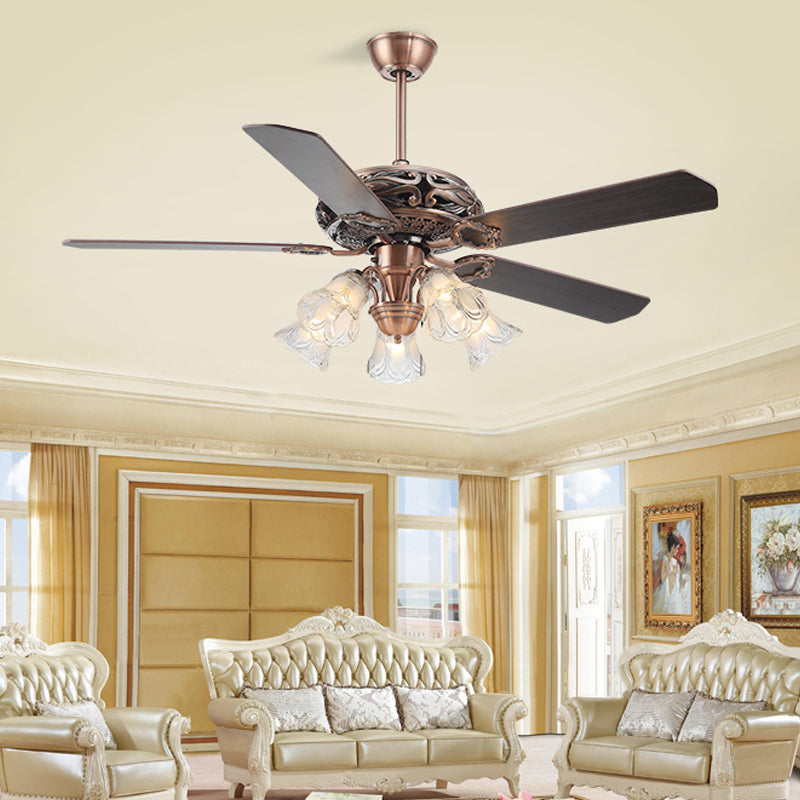 Clear Glass Blossom Ceiling Fan Vintage 5 Lights Living Room Semi Flush Light Fixture in Rust Rust Clearhalo 'Ceiling Fans with Lights' 'Ceiling Fans' Lighting' 315514