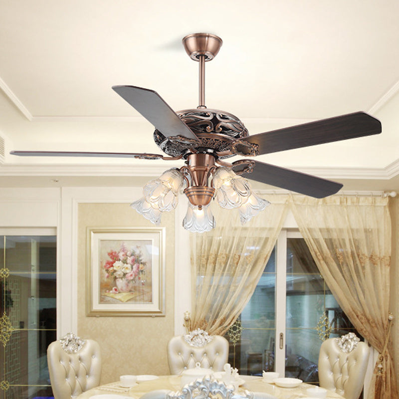 Clear Glass Blossom Ceiling Fan Vintage 5 Lights Living Room Semi Flush Light Fixture in Rust Clearhalo 'Ceiling Fans with Lights' 'Ceiling Fans' Lighting' 315515