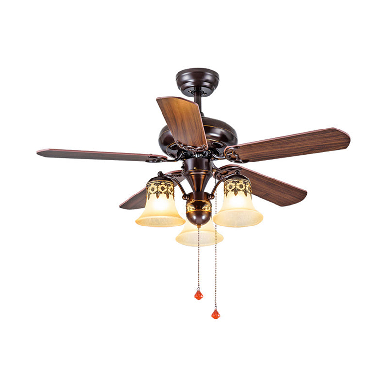 42.5"/52" W Dark Wood 3/5 Lights Ceiling Fan Light Classic Frosted Glass Bell Shade Semi-Flush Mount, Pull Chain/Remote Control Clearhalo 'Ceiling Fans with Lights' 'Ceiling Fans' Lighting' 315544