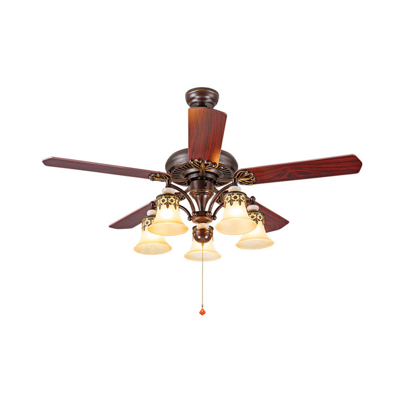 42.5"/52" W Dark Wood 3/5 Lights Ceiling Fan Light Classic Frosted Glass Bell Shade Semi-Flush Mount, Pull Chain/Remote Control Clearhalo 'Ceiling Fans with Lights' 'Ceiling Fans' Lighting' 315546
