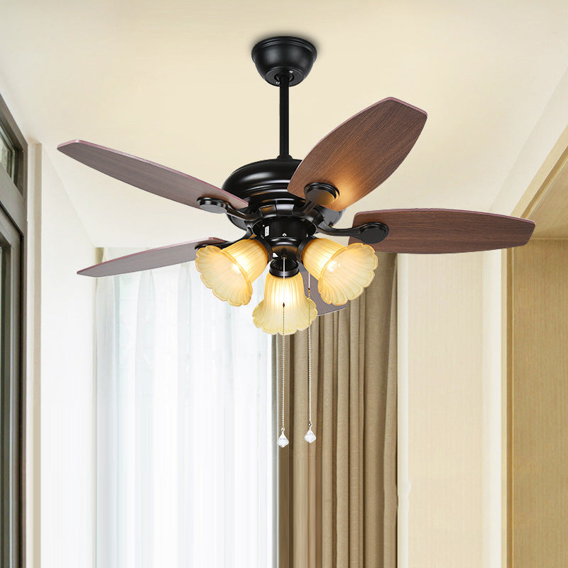 Flower Frosted Glass Ceiling Fan Lamp Traditional 3 Lights Kitchen Semi Flush Mount in Brown Clearhalo 'Ceiling Fans with Lights' 'Ceiling Fans' Lighting' 315571