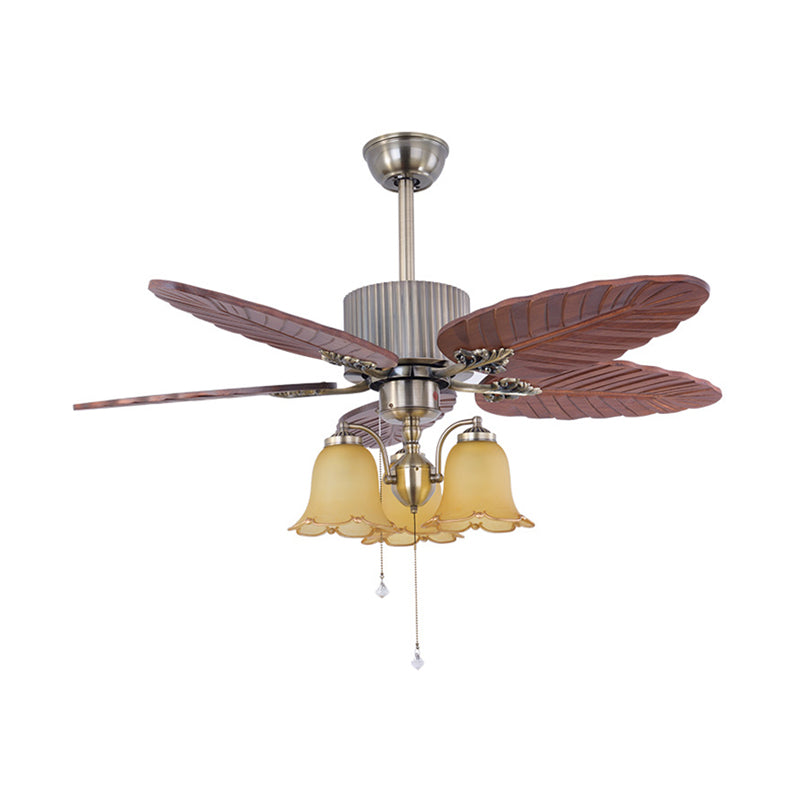 Wooden Silver Ceiling Fan Lighting Leaf 3 Lights Vintage Semi Flush Light Fixture Clearhalo 'Ceiling Fans with Lights' 'Ceiling Fans' Lighting' 315589