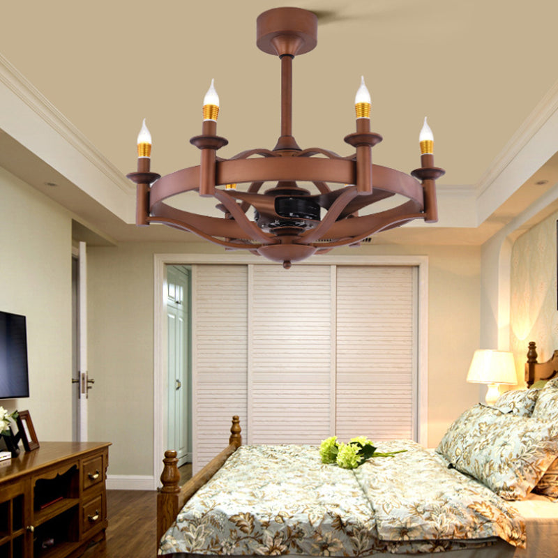 Vintage Candle Ceiling Fan Lamp 6 Lights Metal Semi Flush Light in Brown for Bedroom Brown Clearhalo 'Ceiling Fans with Lights' 'Ceiling Fans' Lighting' 315594