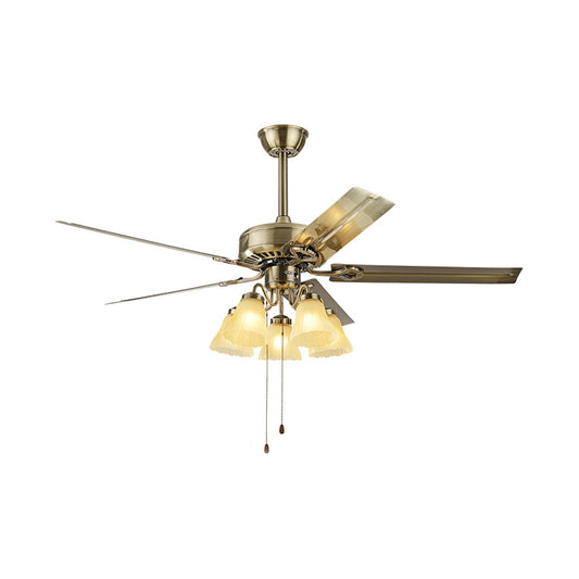 Gold 5 Lights Ceiling Fan Vintage Frosted Glass Bell Semi Flush Lighting for Kitchen, Pull Chain/Remote Control/Wall Control Clearhalo 'Ceiling Fans with Lights' 'Ceiling Fans' Lighting' 315627