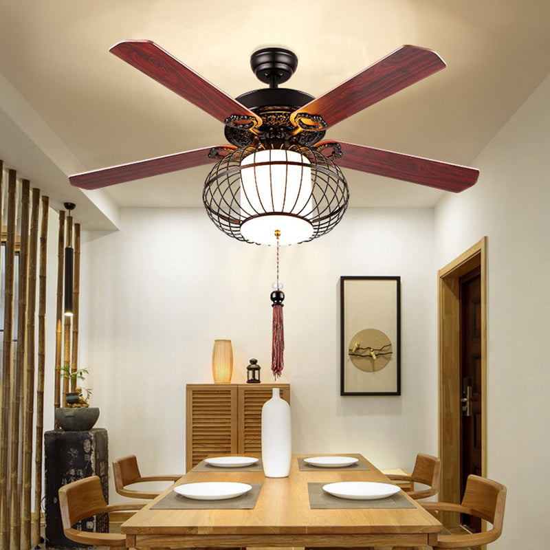 42"/52" Wide Lantern Metal Ceiling Fan Classic 3 Heads Kitchen Semi Flush Lighting in Brown Brown Clearhalo 'Ceiling Fans with Lights' 'Ceiling Fans' Lighting' 315647