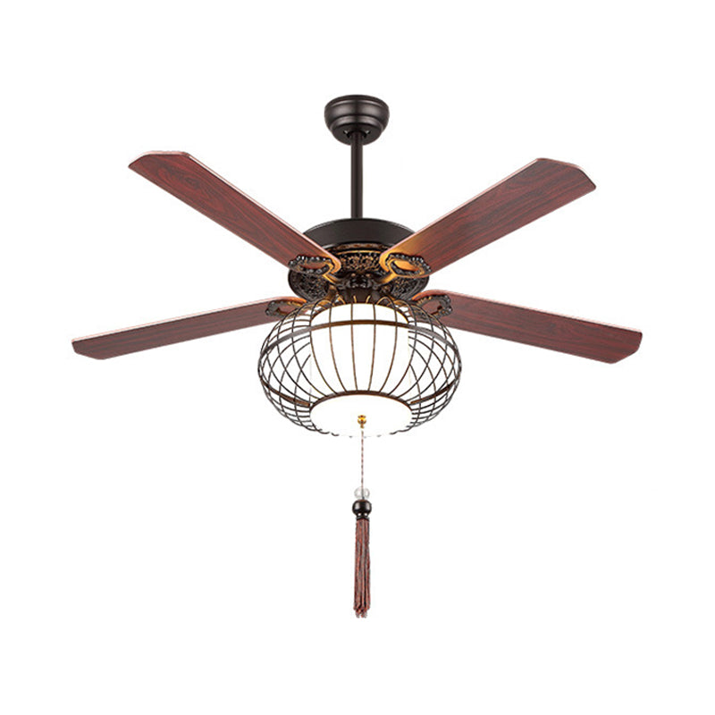 42"/52" Wide Lantern Metal Ceiling Fan Classic 3 Heads Kitchen Semi Flush Lighting in Brown Clearhalo 'Ceiling Fans with Lights' 'Ceiling Fans' Lighting' 315648