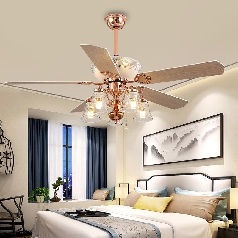 5 Lights Clear Glass Ceiling Fan Light Classic Rose Gold Bell Bedroom Semi Flush Mount Clearhalo 'Ceiling Fans with Lights' 'Ceiling Fans' Lighting' 315675